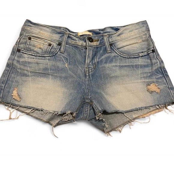 Women's distressed low rise mini jean shorts with unique embroidered design - Picture 2 of 12